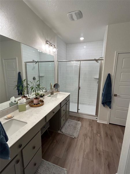 Primary bath with double vanity and large shower Primary bath with double vanity and large shower