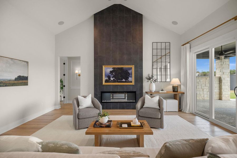 Statement fireplace wall creating a stunning focal point in the living room.