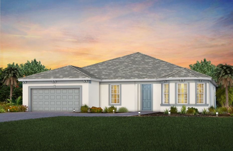 Front exterior of a new home in Del Webb Oak Creek, North Fort Myers, FL, highlighting curb appeal (Image 33). Front exterior of a new home in Del Webb Oak Creek, North Fort Myers, FL, highlighting curb appeal (Image 33).