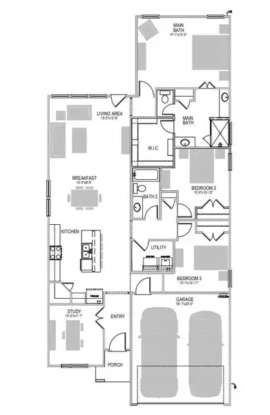 2D floor plan layout of this home in Prairie Winds, Hutto, TX (Image 3).