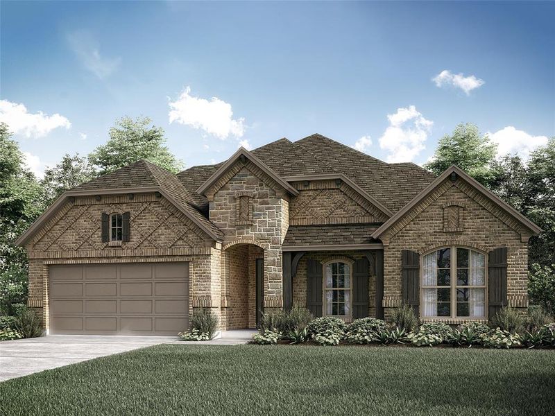 French provincial home featuring a garage and a front lawn