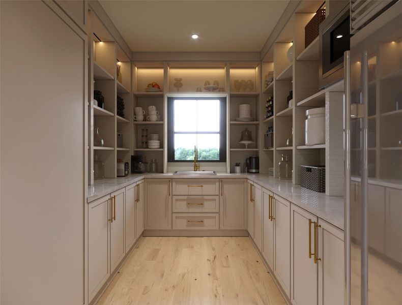 Rendering photo-Spacious and elegant pantry with ample storage, sleek cabinetry, and natural light. Perfect for keeping your kitchen organized and stylish.