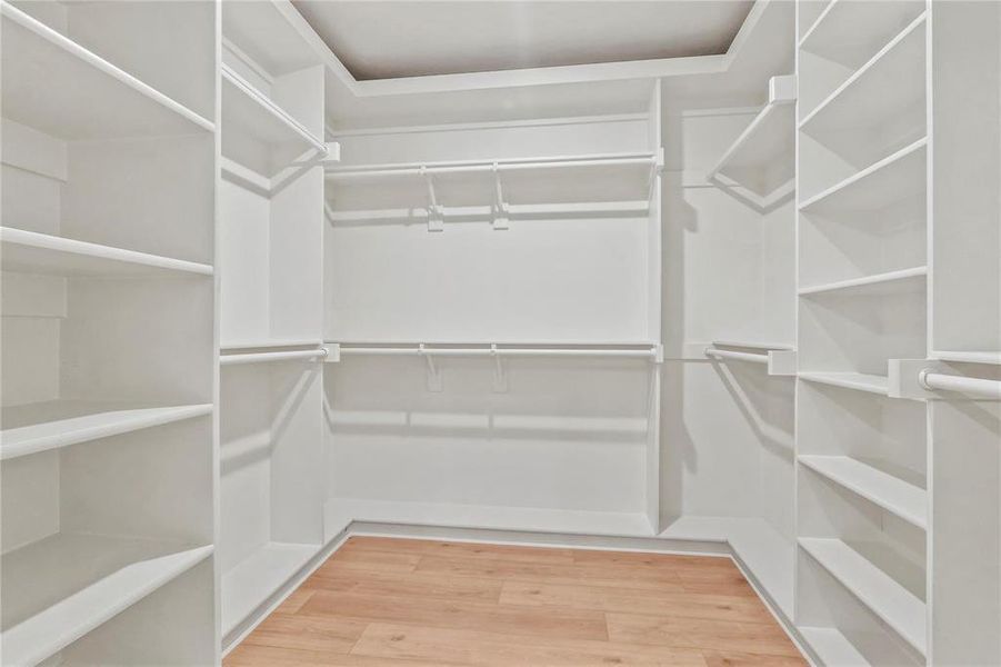 Walk in closet featuring light wood finished floors Walk in closet featuring light wood finished floors