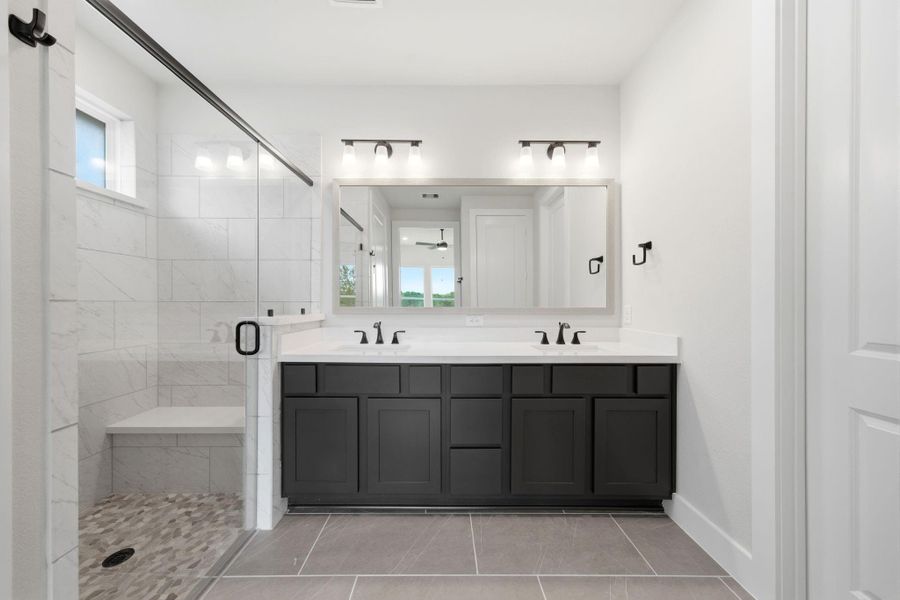 Spa-inspired primary bath with dual vanities, oversized walk-in shower, and contemporary finishes.