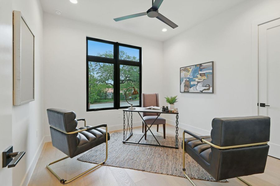 Office area featuring a ceiling fan, recessed lighting, and wood finished floors