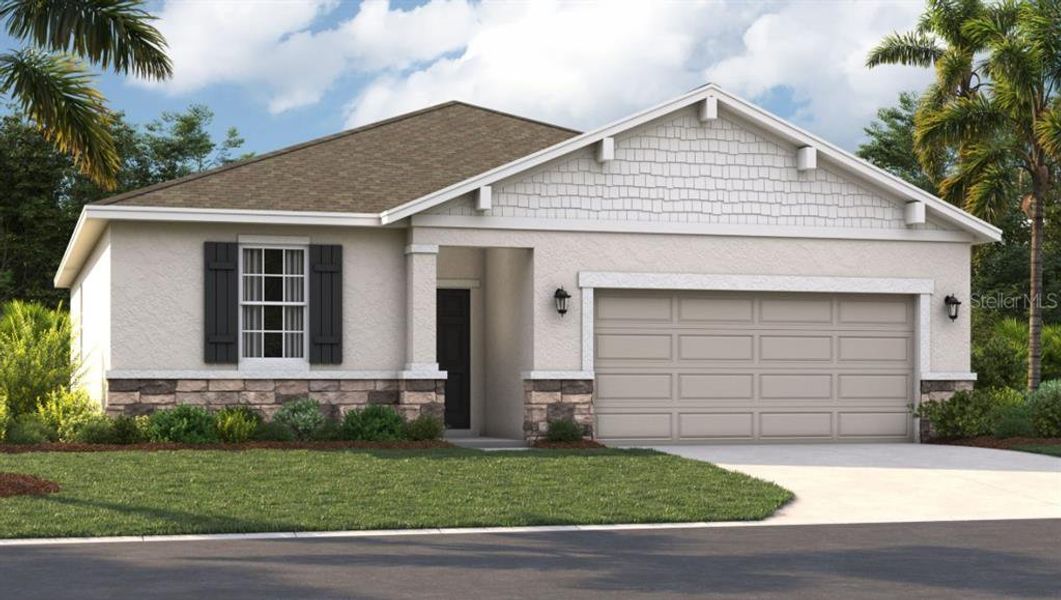 Front exterior of a new home in Sunset Lakes Estates, Mascotte, FL, highlighting curb appeal (Image 1). Front exterior of a new home in Sunset Lakes Estates, Mascotte, FL, highlighting curb appeal (Image 1).