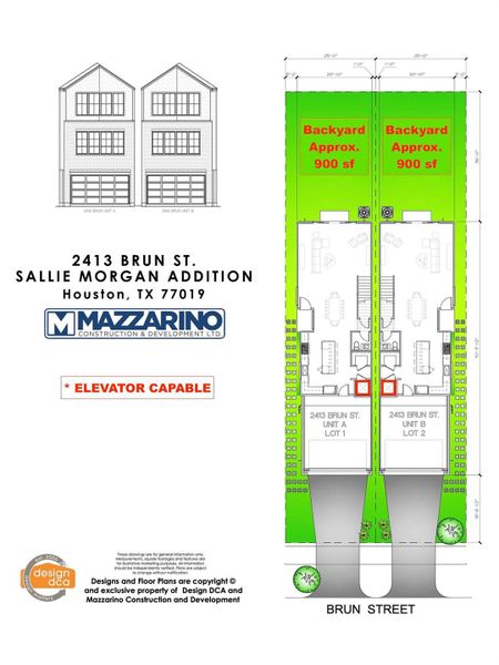 Please be aware that these plans are the property of the architect/builder designer that designed them not DUX Realty, Mazzarino Construction or 2413 BRUN LLC and are protected from reproduction and sharing under copyright law. These drawing are for general information only. Measurements, square footages and features are for illustrative marketing purposes. All information should be independently verified. Plans are subject to change without notification.