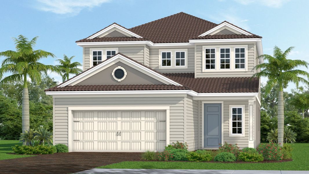 Front exterior of a new home in Windward, Lakewood Ranch, FL, highlighting curb appeal (Image 7). Front exterior of a new home in Windward, Lakewood Ranch, FL, highlighting curb appeal (Image 7).