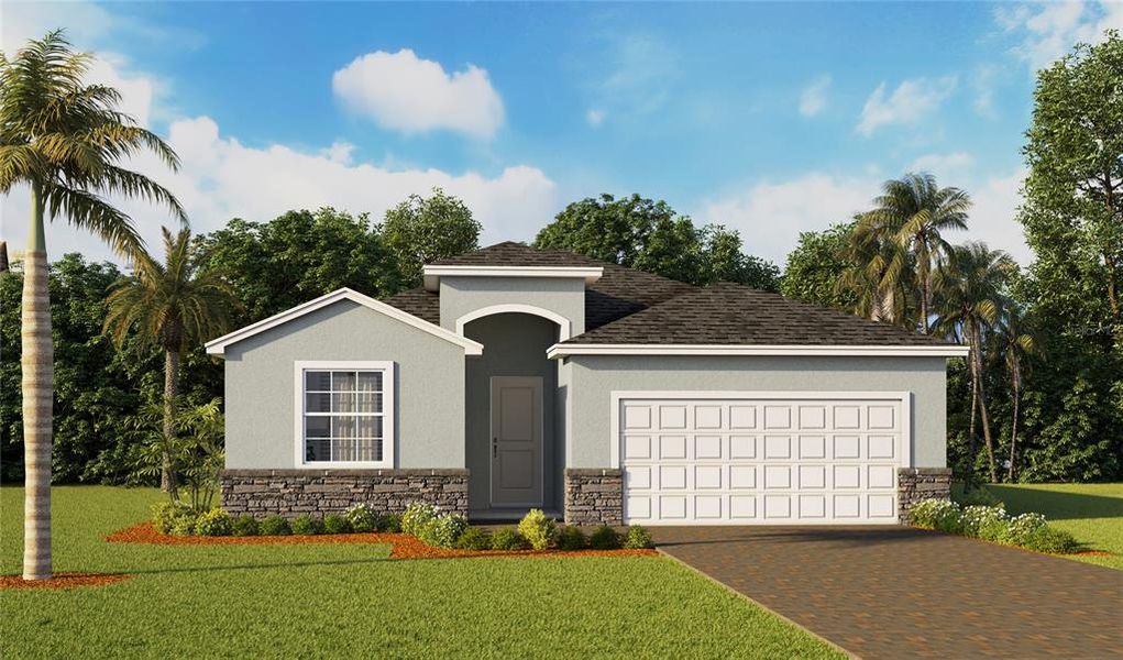 Front exterior of a new home in Coral Lakes - Tradition & Express, Punta Gorda, FL, highlighting curb appeal (Image 1). Front exterior of a new home in Coral Lakes - Tradition & Express, Punta Gorda, FL, highlighting curb appeal (Image 1).