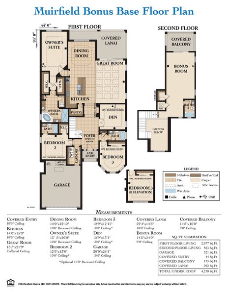 2D floor plan layout for the Muirfield Bonus by SeaGate Homes in Palm Coast Plantation, Palm Coast, FL (Image 5).