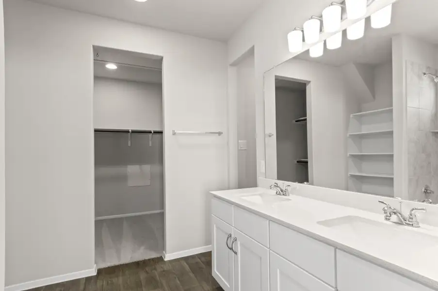 Bathroom with double vanity, wood finished floors, a shower, a walk in closet, and recessed lighting