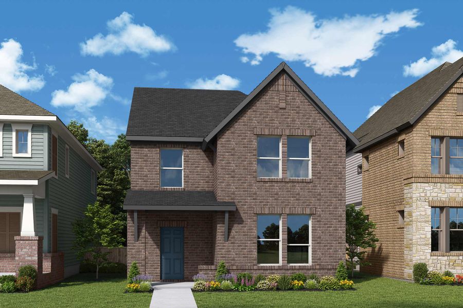Front exterior of a new home in Talia – Cottage Series, Mesquite, TX, highlighting curb appeal (Image 2). Front exterior of a new home in Talia – Cottage Series, Mesquite, TX, highlighting curb appeal (Image 2).
