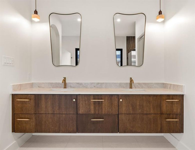 Full bath featuring double vanity, light tile patterned floors, and recessed lighting Full bath featuring double vanity, light tile patterned floors, and recessed lighting