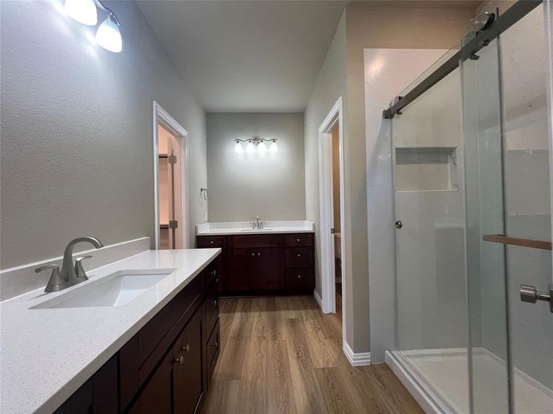 Bathroom with vanity, hardwood / wood-style floors, and a shower with shower door