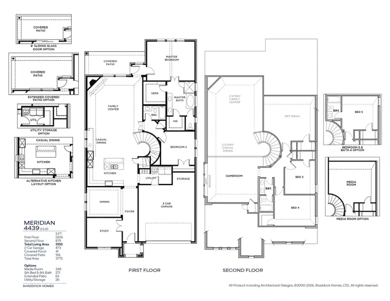2D floor plan layout for the Meridian - SH 4439 by Shaddock Homes in Hillside Village, Celina, TX (Image 3).