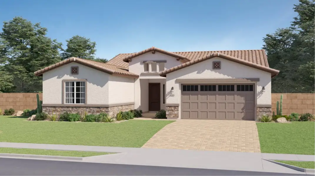 Front exterior of a new home in Asante Heritage | Active Adult, Surprise, AZ, highlighting curb appeal (Image 1). Front exterior of a new home in Asante Heritage | Active Adult, Surprise, AZ, highlighting curb appeal (Image 1).