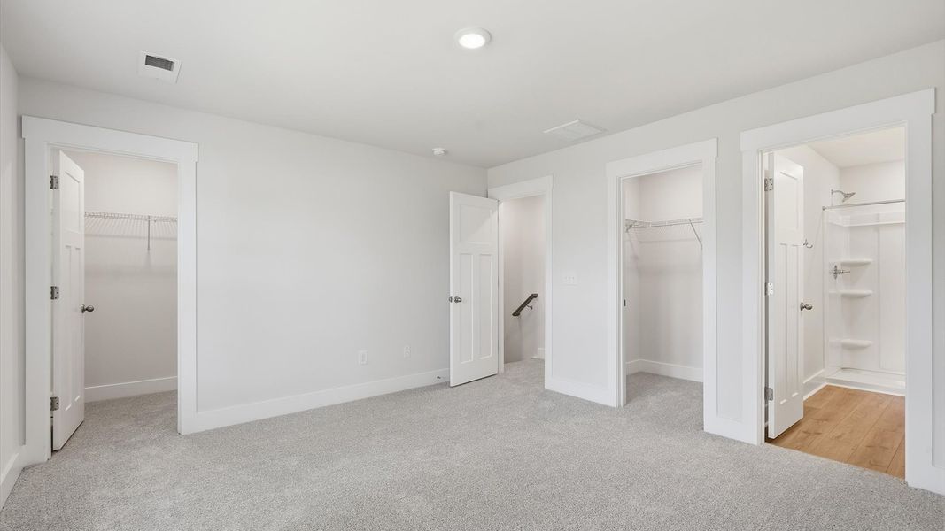 Serene and stylish primary bedroom featuring carpet flooring and a thoughtful, modern layout at Clarke Townes