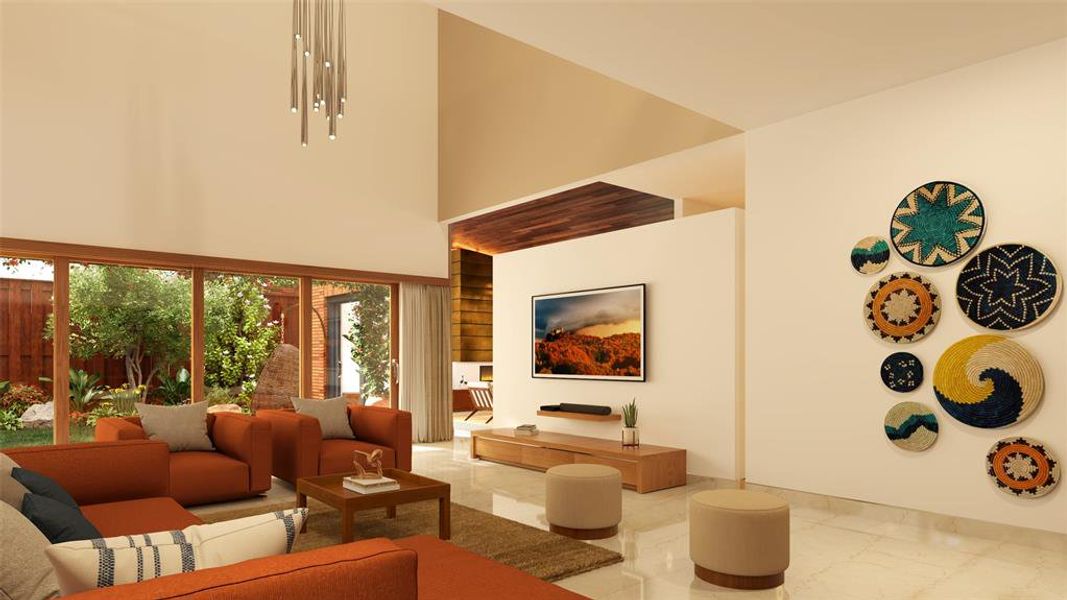 Living room featuring a high ceiling and marble tiled floors