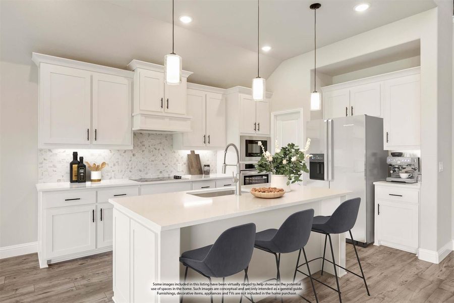 White kitchen with large island, three bar stools, pendant lights, and stainless steel appliances White kitchen with large island, three bar stools, pendant lights, and stainless steel appliances