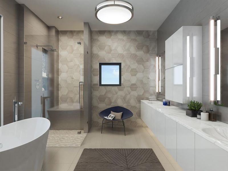 The primary bathroom exemplifies opulence, featuring quartz countertops and a luxurious freestanding soaking tub. It offers a walk-in shower with elegant porcelain walls, a frameless vanity mirror, and exquisite Italian Boffi cabinetry, all crafted for a truly refined experience.