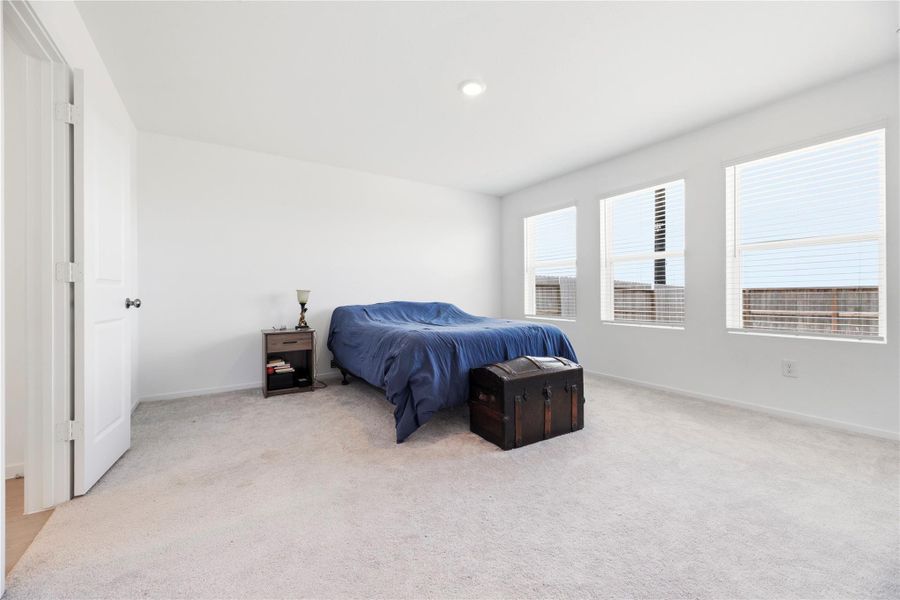 Large primary bedroom offers plush carpet, walk-in closet and an en-suite bathroom.