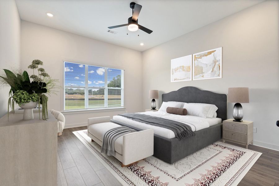 Spacious interior featuring wood-finish flooring, a contemporary ceiling fan, recessed lighting, and a large window with horizontal blinds Spacious interior featuring wood-finish flooring, a contemporary ceiling fan, recessed lighting, and a large window with horizontal blinds