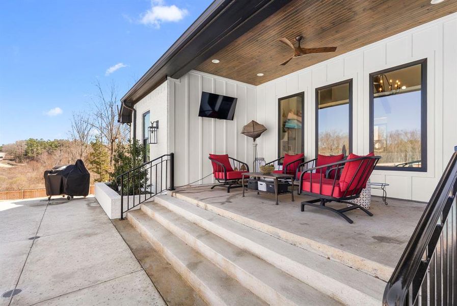 View of patio with a grill and ceiling fan View of patio with a grill and ceiling fan