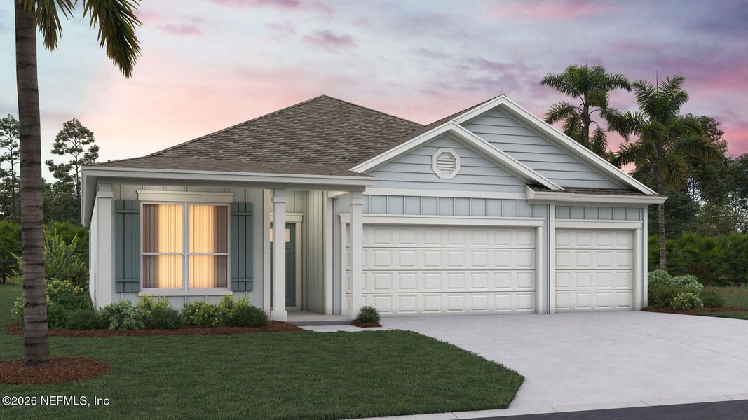 Front exterior of a new home in Sawmill Branch, Palm Coast, FL, highlighting curb appeal (Image 1). Front exterior of a new home in Sawmill Branch, Palm Coast, FL, highlighting curb appeal (Image 1).