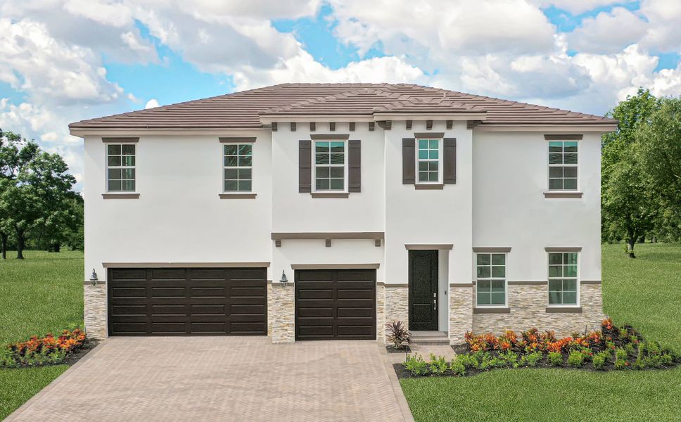 Front exterior of a new home in Estates of Boynton Waters, Boynton Beach, FL, highlighting curb appeal (Image 1).