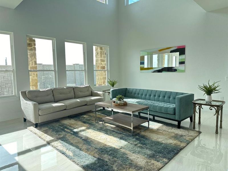 Living room with an inviting chandelier