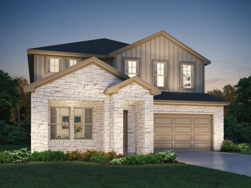 Front exterior of a new home in Turner's Crossing - Reserve Collection, Austin, TX, highlighting curb appeal (Image 1). Front exterior of a new home in Turner's Crossing - Reserve Collection, Austin, TX, highlighting curb appeal (Image 1).