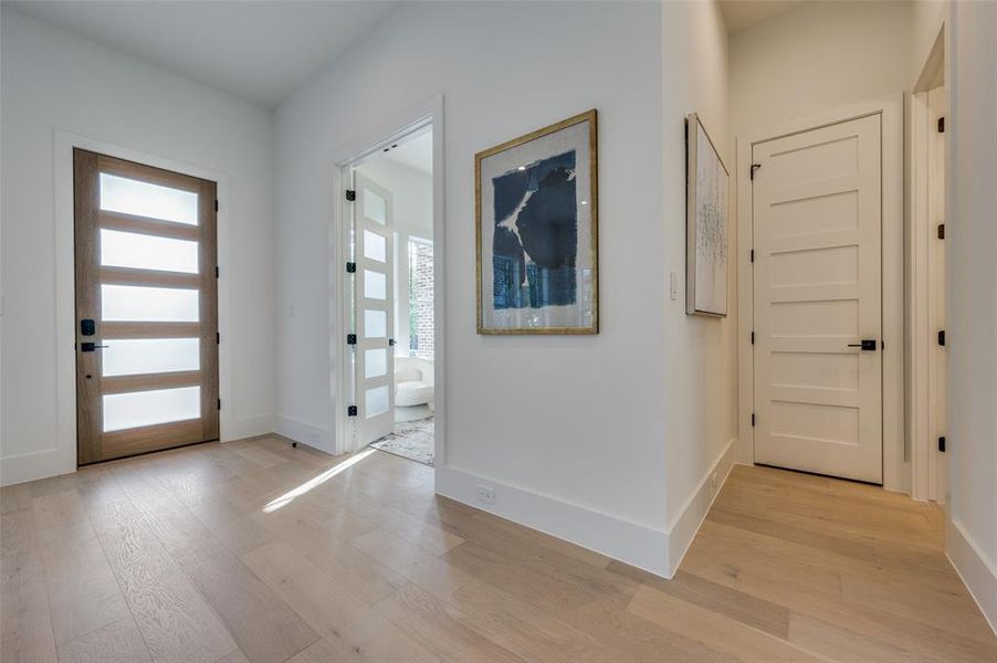 Entrance foyer with plenty of natural light and light hardwood / wood-style floors