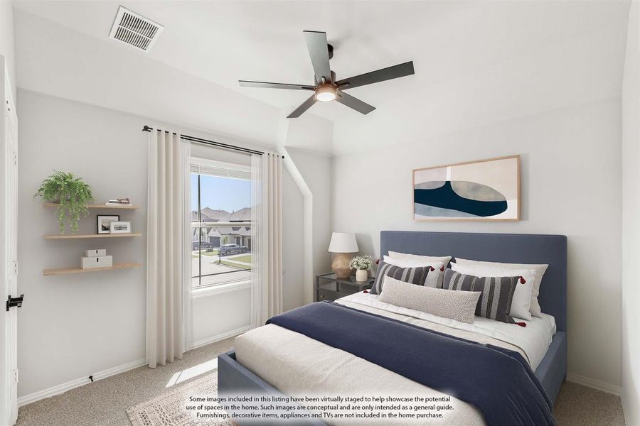 Bedroom with ceiling fan, carpet flooring, large window, and wall shelves beside a blue upholstered bed