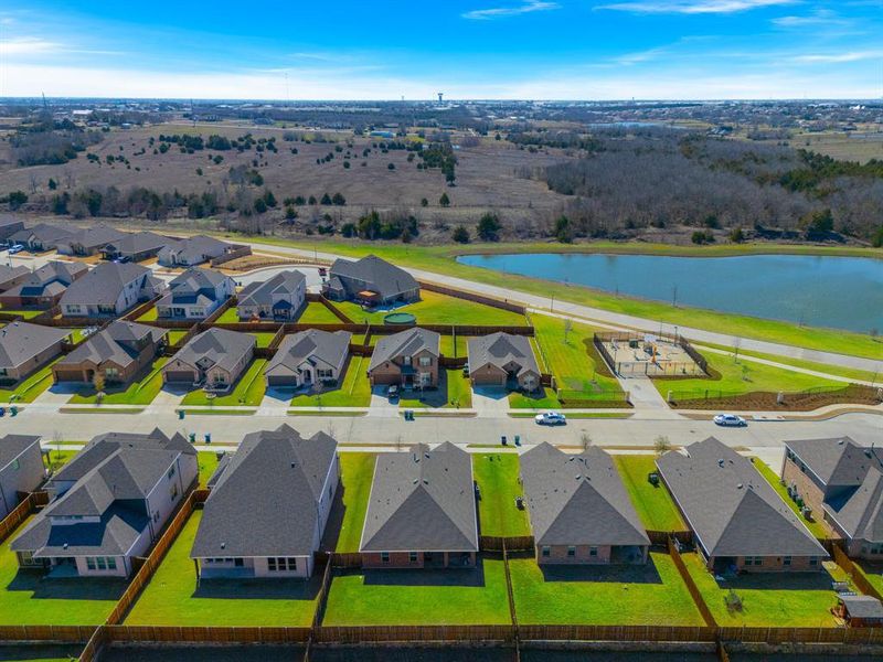 Birds eye view of property with a water view and a residential view