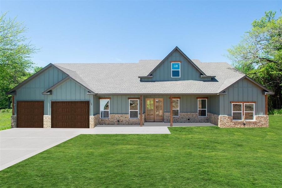 Craftsman inspired home featuring a garage, a front lawn, and a porch