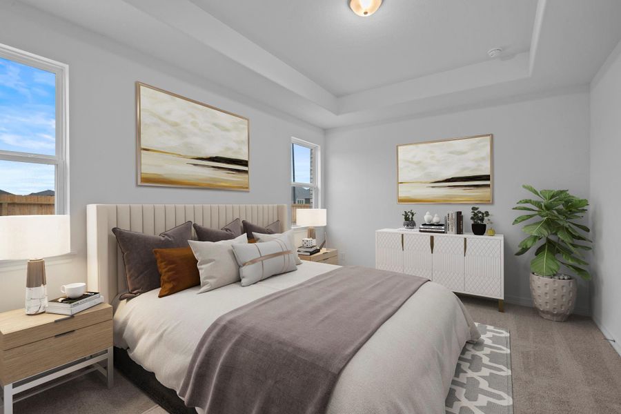 The primary bedroom is generously sized, creating a tranquil and spacious retreat that offers ample room for relaxation. Featuring plush carpet, high ceilings, fresh paint, and large windows that lets in natural lighting throughout the day.