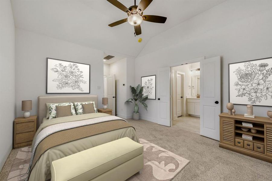 Virtually staged photo - Bedroom featuring light colored carpet, ceiling fan, lofted ceiling, and connected bathroom