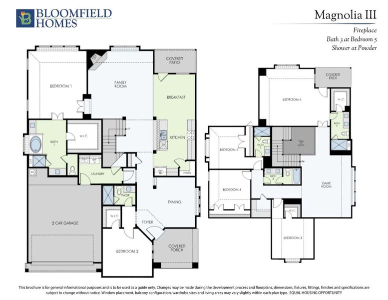 Bloomfield Homes Magnolia III floor plan showing two floors with six bedrooms, game room, kitchen, and two-car garage. Bloomfield Homes Magnolia III floor plan showing two floors with six bedrooms, game room, kitchen, and two-car garage.