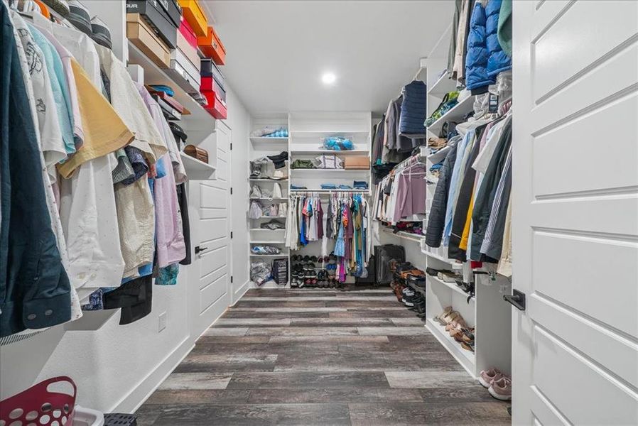 Spacious closet with dark wood-type flooring