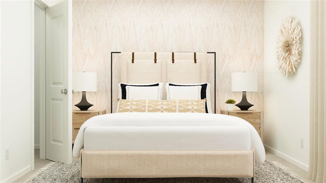 Neutral-toned bedroom featuring a textured accent wall, light-colored carpeting, a built-in closet with a white paneled door, and ample natural light Neutral-toned bedroom featuring a textured accent wall, light-colored carpeting, a built-in closet with a white paneled door, and ample natural light