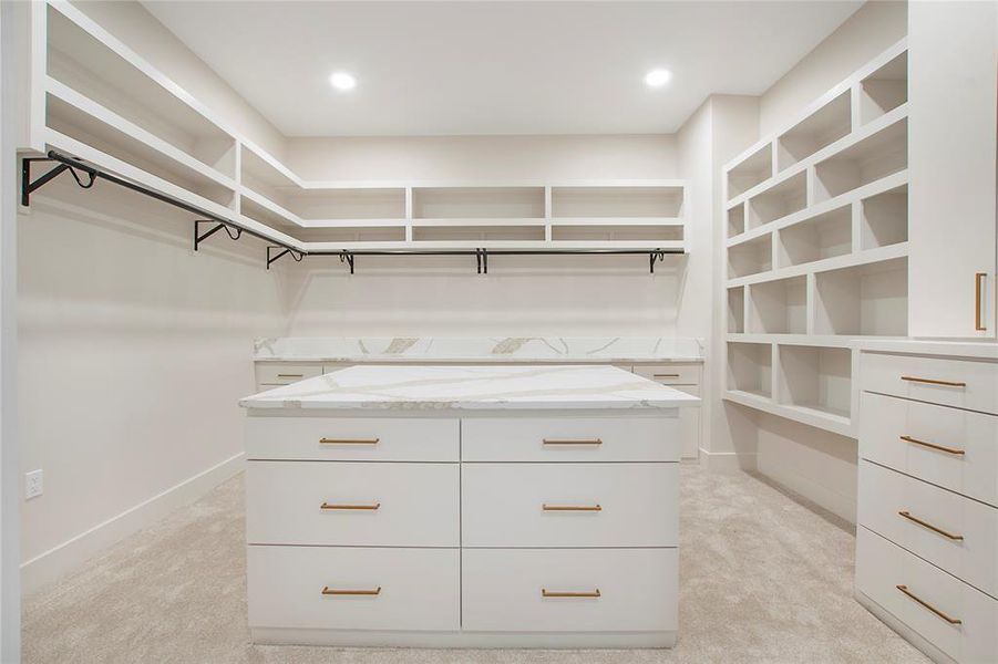 Walk in closet with light colored carpet