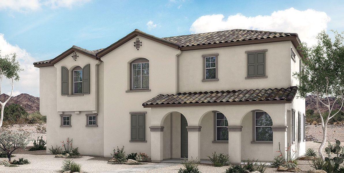 Front exterior of a new home in Ironwood Villages at North Creek, Queen Creek, AZ, highlighting curb appeal (Image 20).