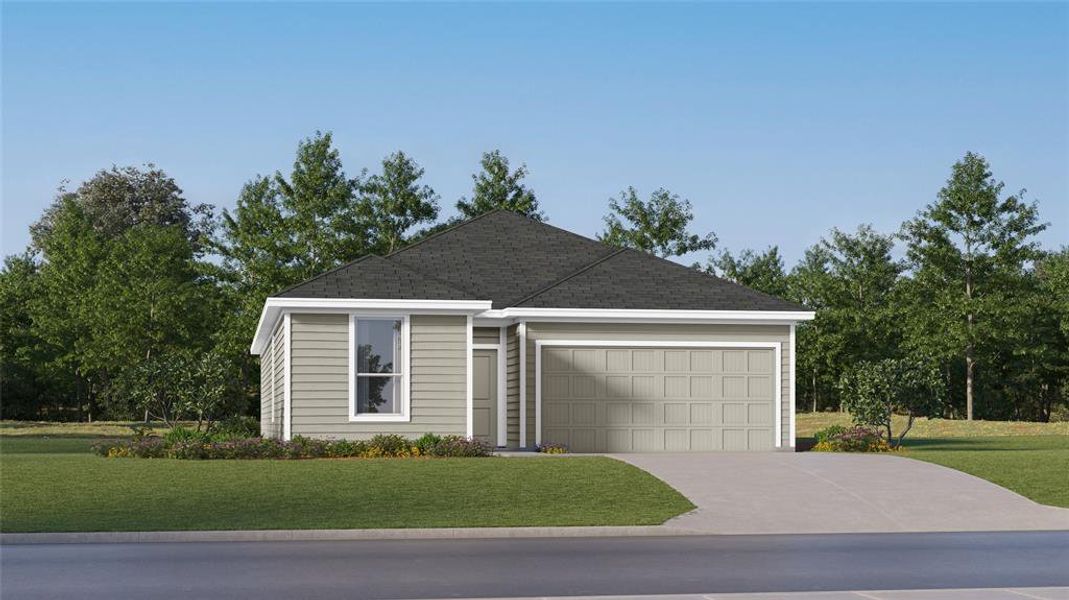 View of front facade featuring a front yard, concrete driveway, a garage, and roof with shingles View of front facade featuring a front yard, concrete driveway, a garage, and roof with shingles