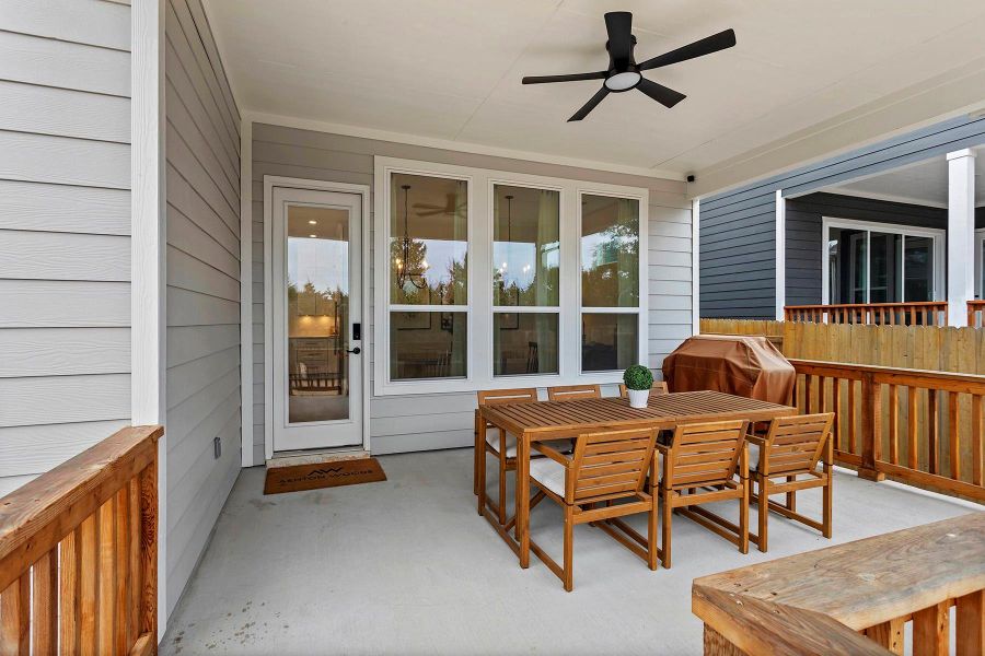 Exterior space with a patio, a grill, and ceiling fan