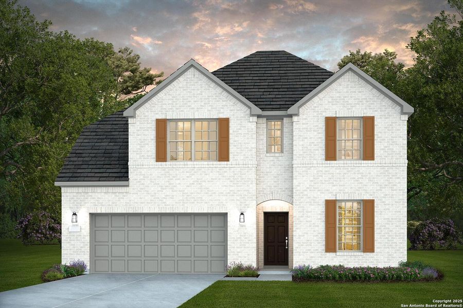 Front exterior of a new home in Legacy at Lake Dunlap, New Braunfels, TX, highlighting curb appeal (Image 1).
