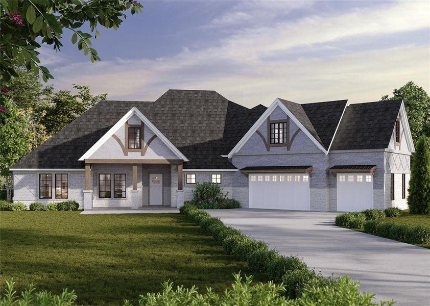 View of front of house featuring a front lawn, a garage, and a porch