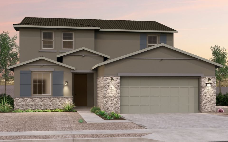 Representative exterior photo of a completed home built from the Ponderosa by Brookfield Residential in Blossom Rock, Apache Junction, AZ (Image 17). Representative exterior photo of a completed home built from the Ponderosa by Brookfield Residential in Blossom Rock, Apache Junction, AZ (Image 17).