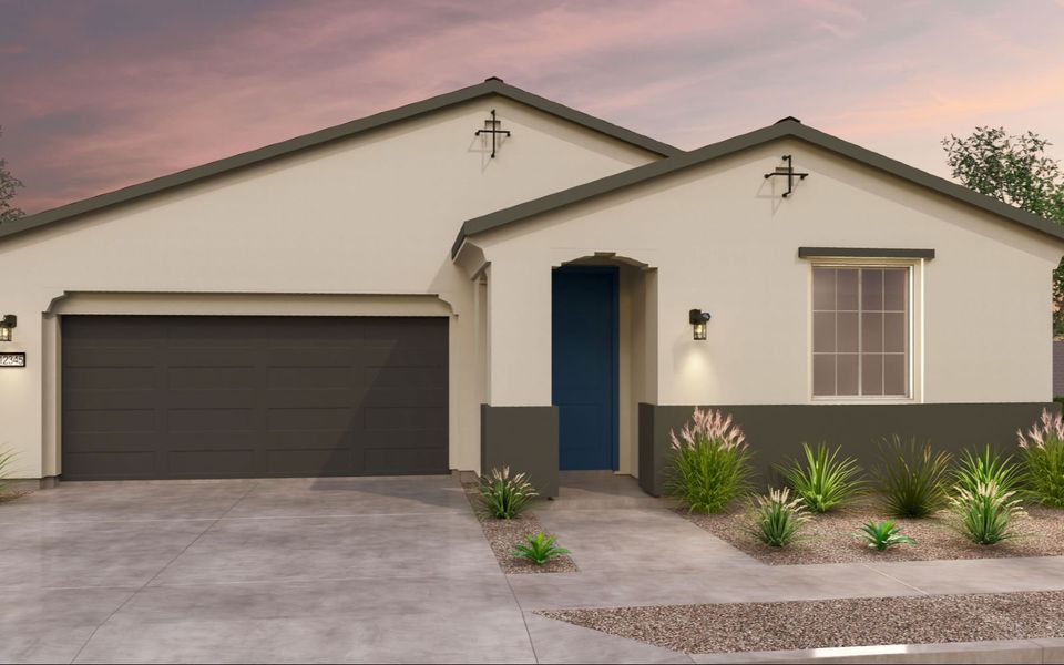 Representative exterior photo of a completed home built from the Lotus by Brookfield Residential in Wildflower at Blossom Rock, Apache Junction, AZ (Image 17). Representative exterior photo of a completed home built from the Lotus by Brookfield Residential in Wildflower at Blossom Rock, Apache Junction, AZ (Image 17).