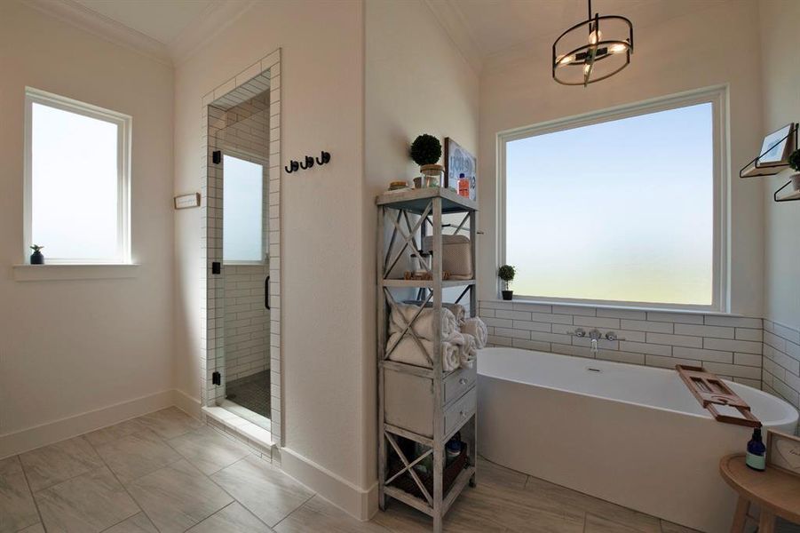 Full bath with ornamental molding, a stall shower, and a freestanding bath