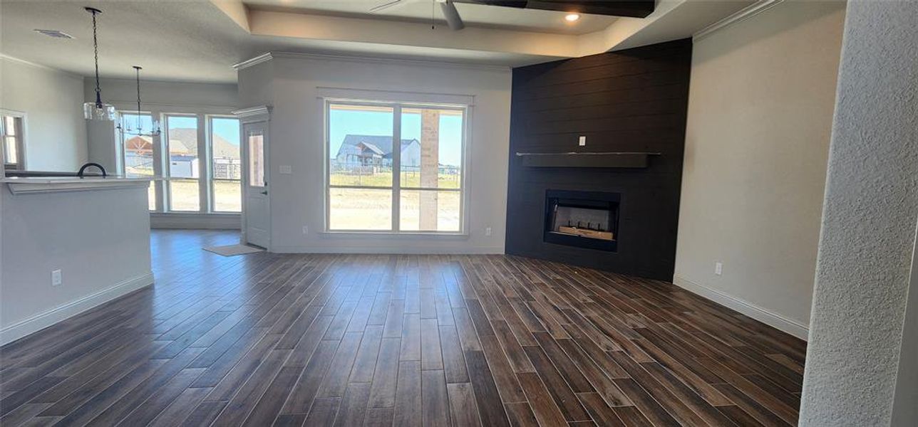 Dark grey shiplap surrounding the fireplace, plenty of natural light